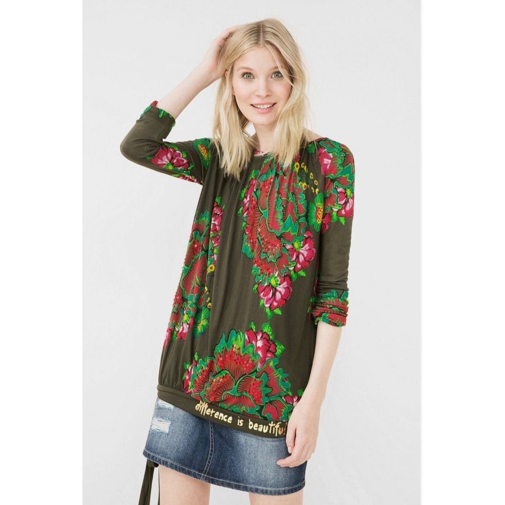 Desigual Olive Green Floral Sequin Different‎ Is Beautiful Top Women's Size L